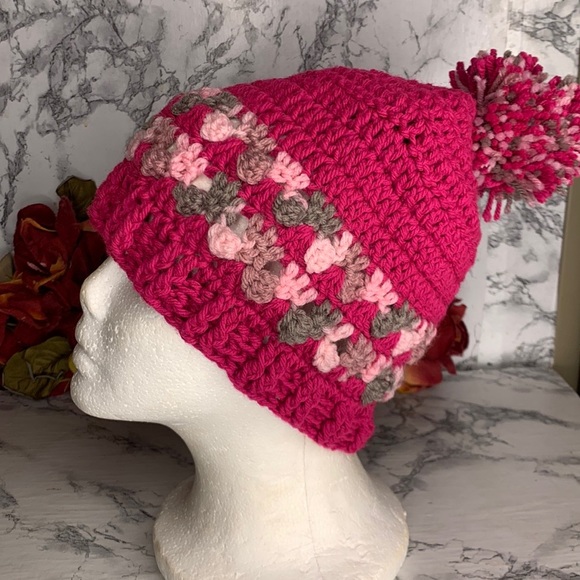 Accessories - Handmade Bright Fuchsia Pink Chunky Knit Floral Beanie with Pom Pom